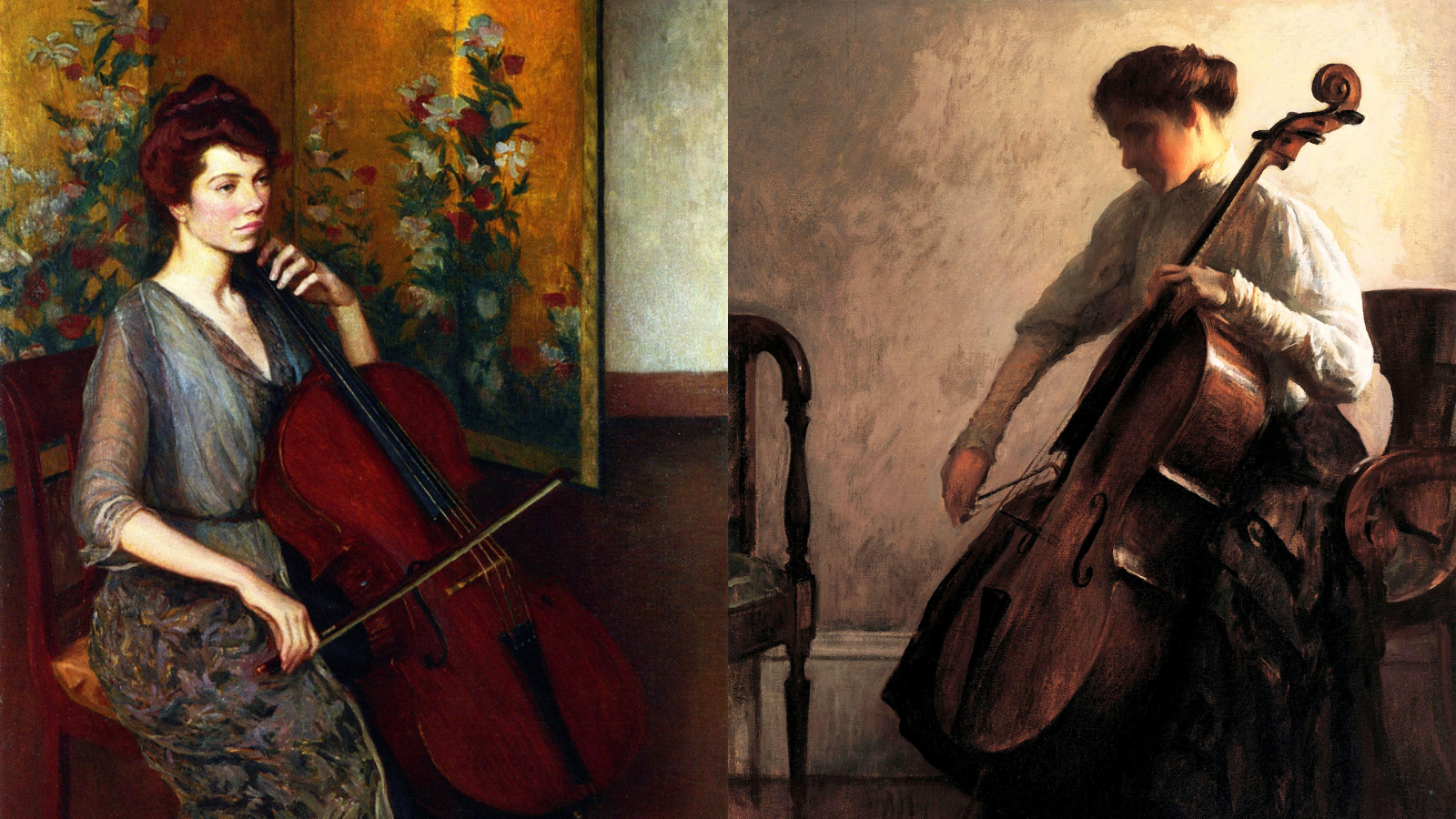 Girl Playing a Cello 1891, by Lilla Cabot Perry (1848–1933). The Cellist, 1908, by Joseph Rodefer DeCamp (1858–1923).